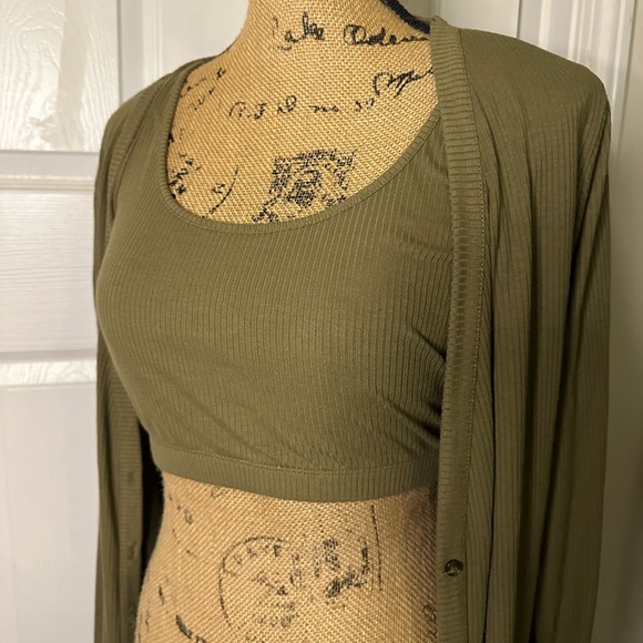 CULPOS x INC Jogger Cardigan 3 Piece Set - Olive Green Soft Ribbed Tracksuit - Picture 2 of 11